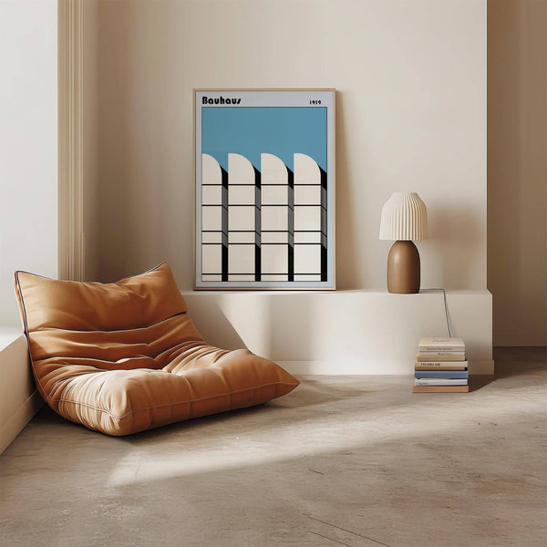 Bauhaus architecture art poster with bold black and blue contrast
