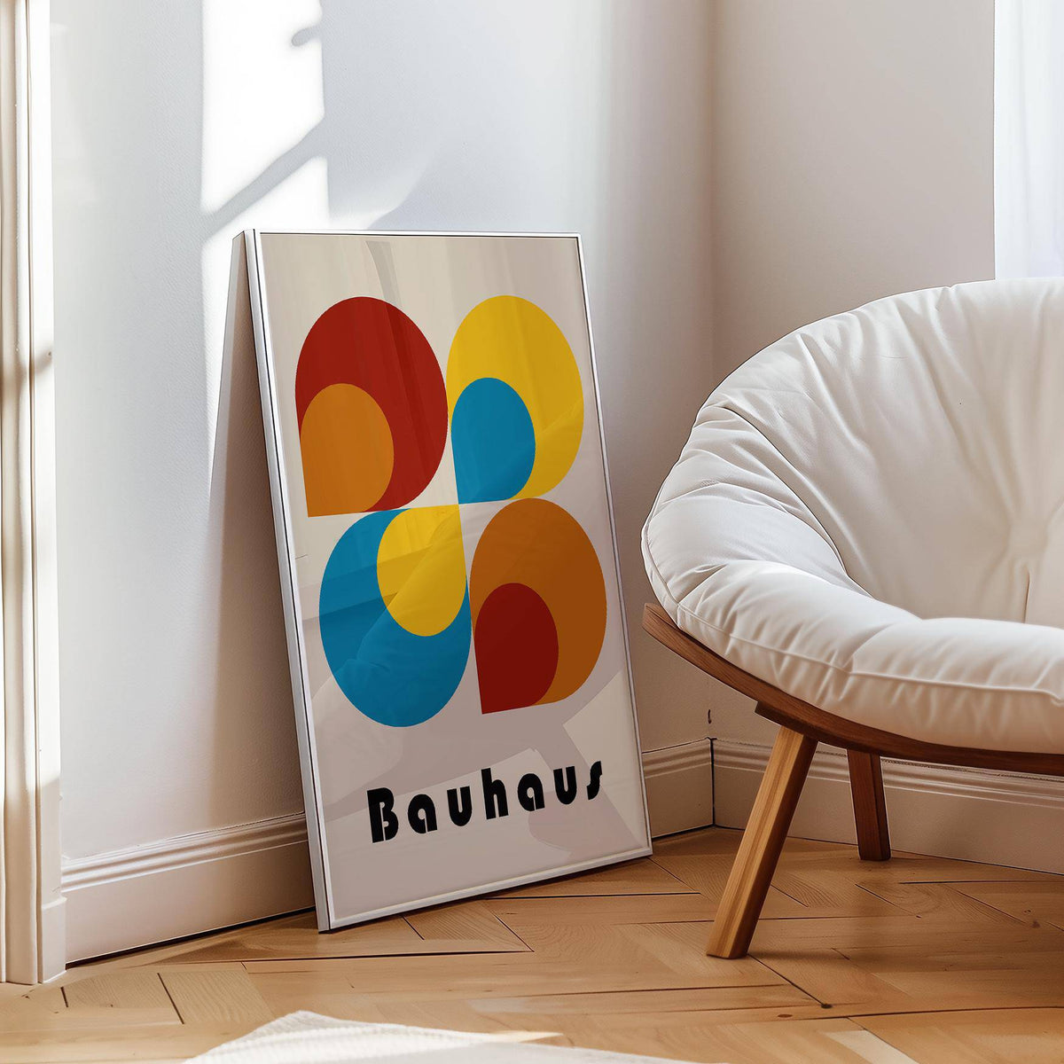 Vibrant red and blue circular geometric prints in a minimalist office