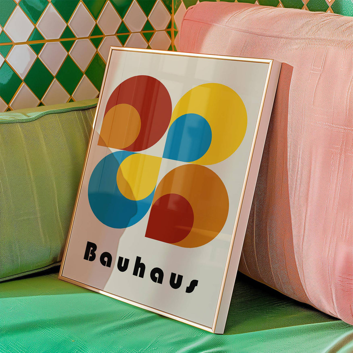 Close-up of textured matte finish on colourful geometric prints