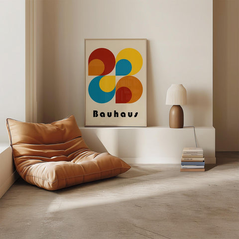 Modern Bauhaus geometric circles poster with red, yellow, and blue colours.