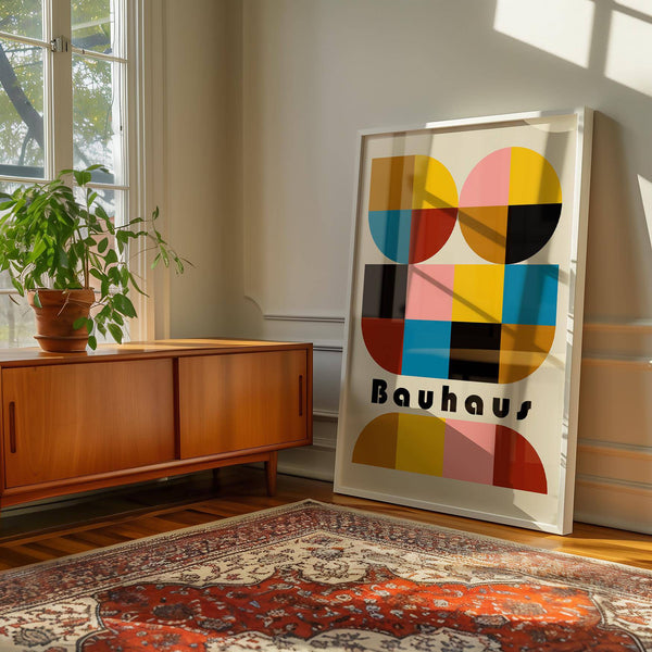 Bauhaus colorful geometric wall art with dynamic structure and rich hues