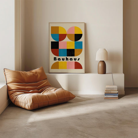 Retro Bauhaus geometric art print with colourful shapes.