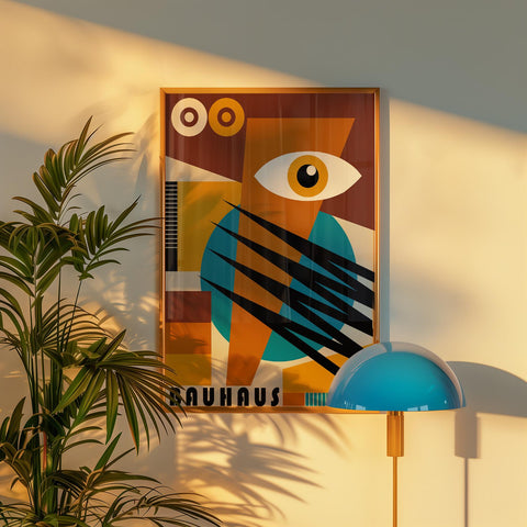 Bauhaus abstract eye art print with bold geometric shapes.