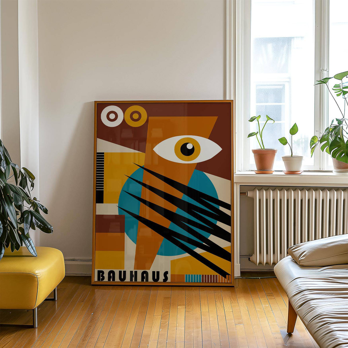 Deep brown and yellow abstract shapes in geometric poster