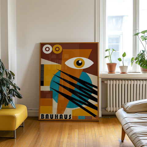 Abstract geometric eye Bauhaus wall art for office decor.