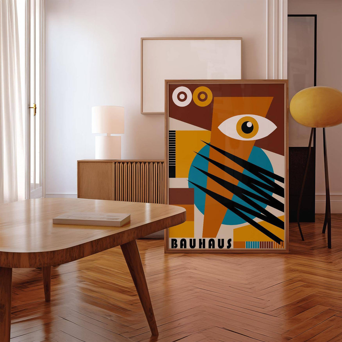 Framed geometric poster in living room with minimalist decor