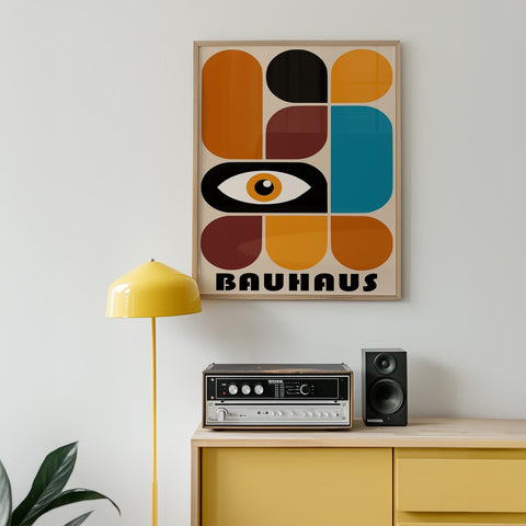 Geometric Bauhaus shapes wall art for office decor.