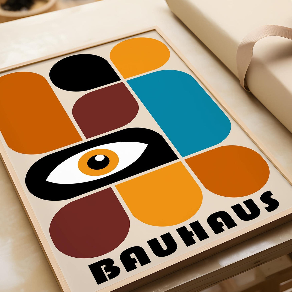 Framed geometric shapes wall art in orange, brown and blue
