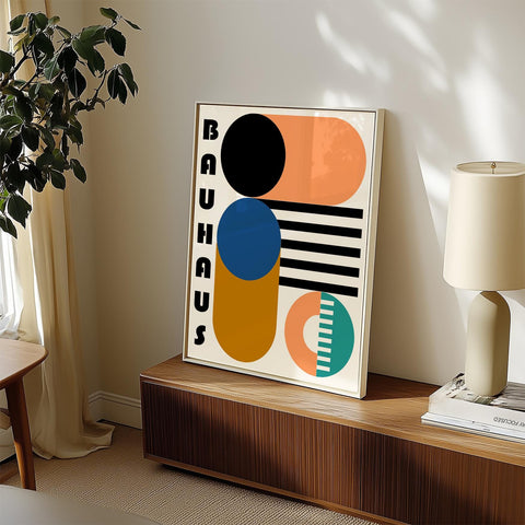 Bauhaus geometric abstract print with blue and orange tones