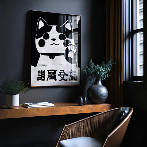 Japanese white waving cat for luck, black-and-white poster.