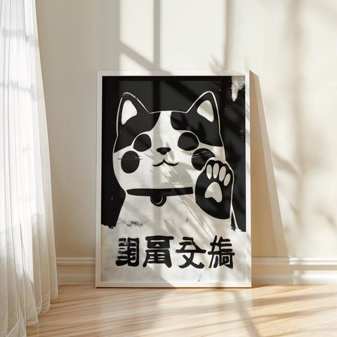 Retro vintage Maneki Neko poster, the fortune cat for luck.