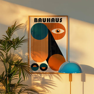 Fun colorful print featuring orange, yellow, and teal tones