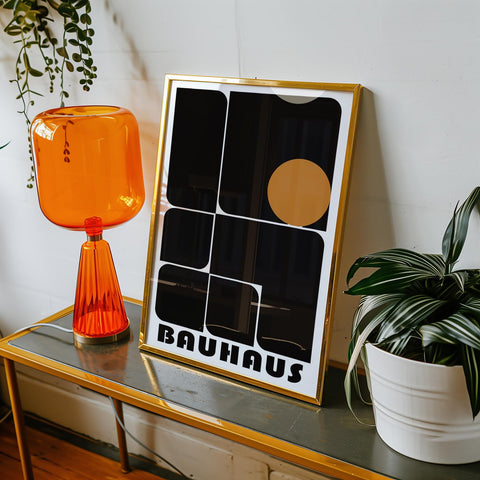 Minimalist Bauhaus exhibition poster with bold geometric forms