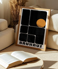 Retro Bauhaus art exhibition prints with orange and black accents