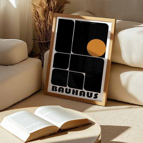 Retro Bauhaus art exhibition prints with orange and black accents