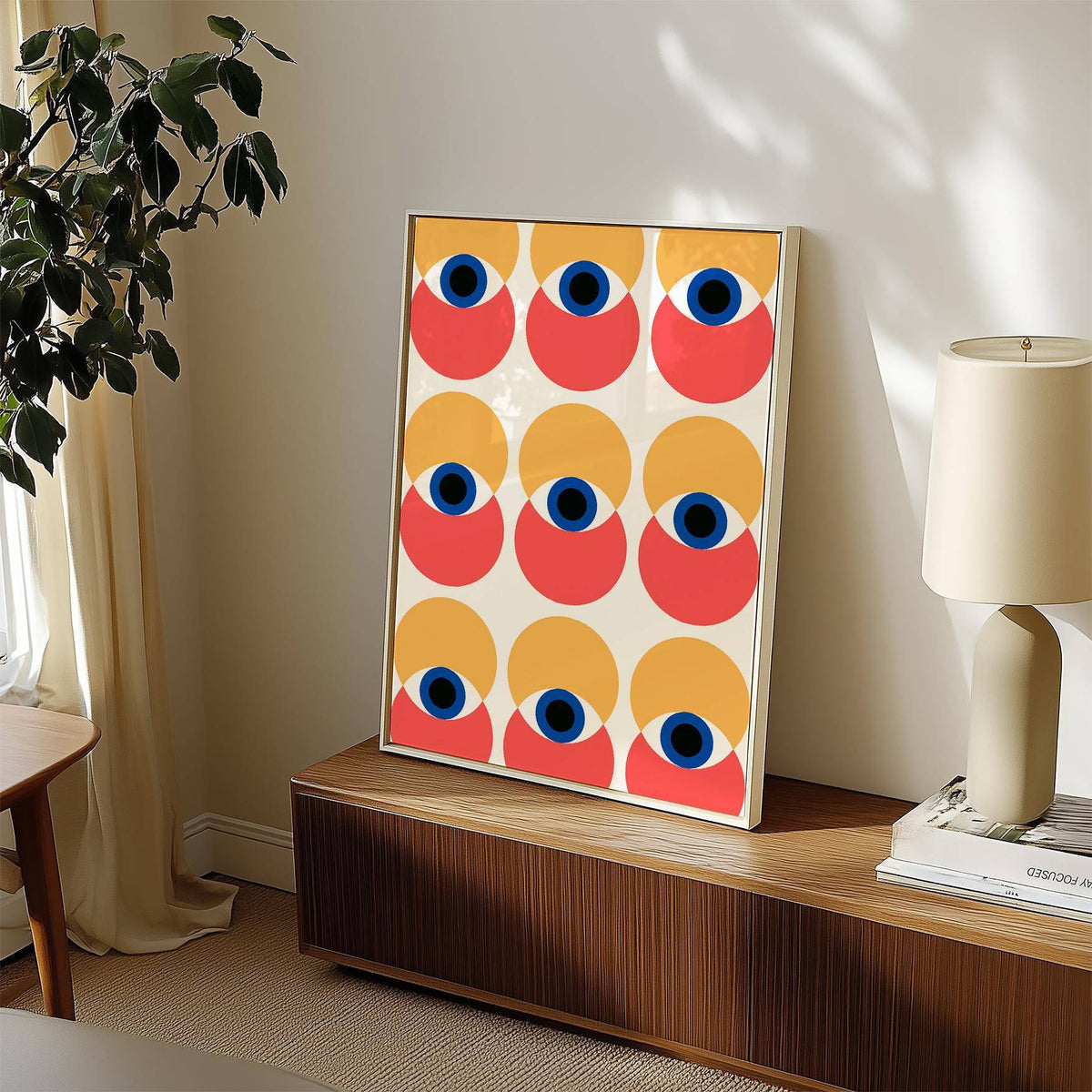 Artistic wall art eye poster featuring blues, reds, and orange tones
