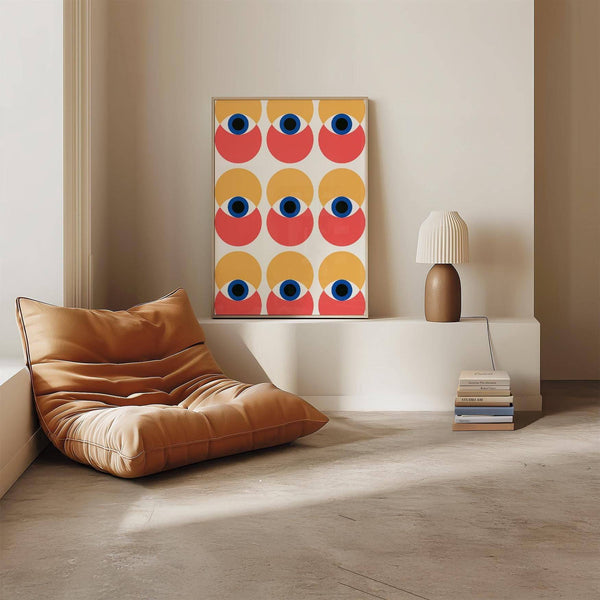 Geometric wall art eye design with bold colors for contemporary decor