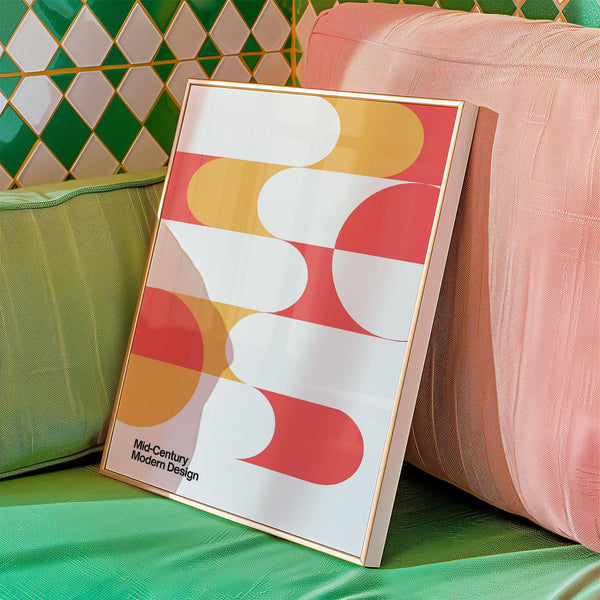 Mid century art with vibrant orange, yellow, and coral tones