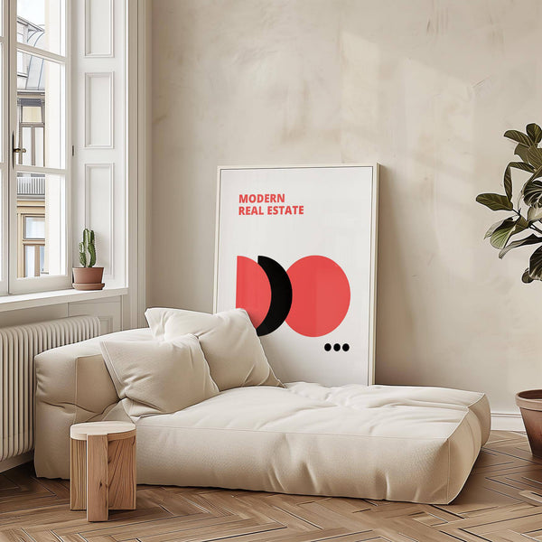 Bauhaus-inspired red black and white wall art for sophisticated real estate staging