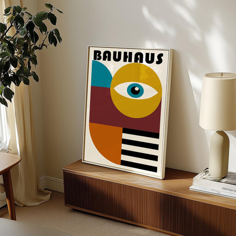 Bauhaus-inspired wall art featuring bold geometric shapes.