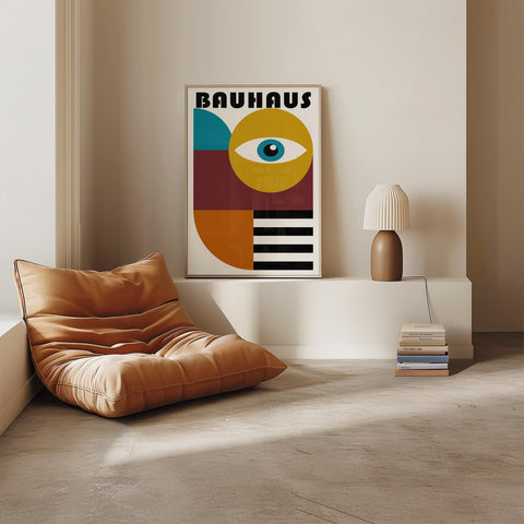 Bauhaus poster art with abstract geometric eye design.