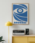 Minimalist blue Bauhaus wall art featuring abstract shapes