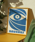 Blue geometric Bauhaus eye print for modern living room decor