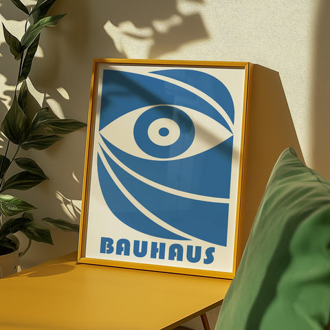 Blue geometric Bauhaus eye print for modern living room decor