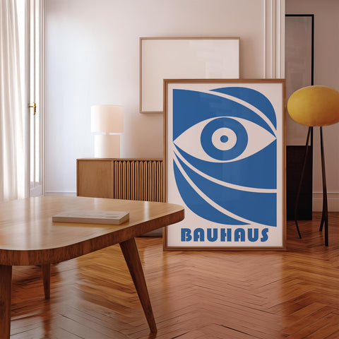 Blue Bauhaus eye design poster for modern home decor