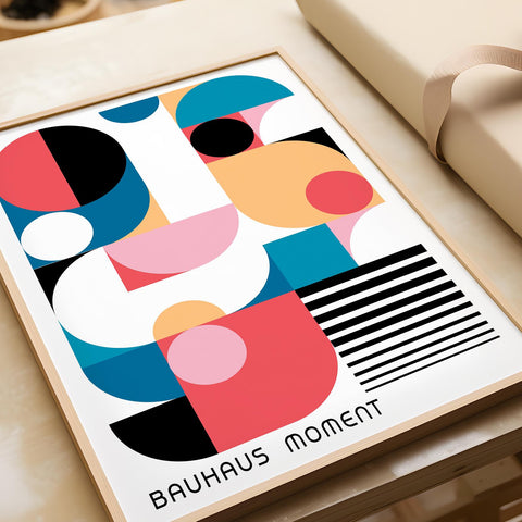 Bold and vibrant girls art print in geometric Bauhaus style.