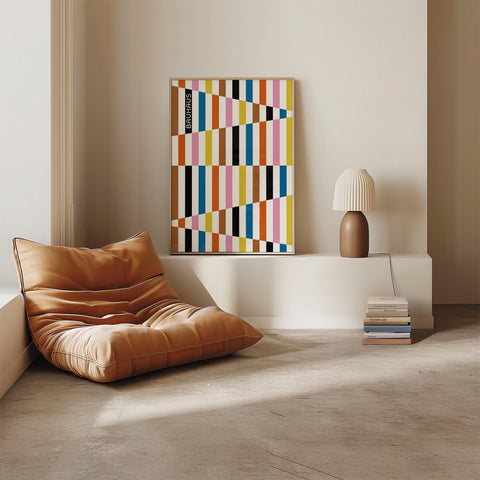 Colourful abstract wall print with geometric design.