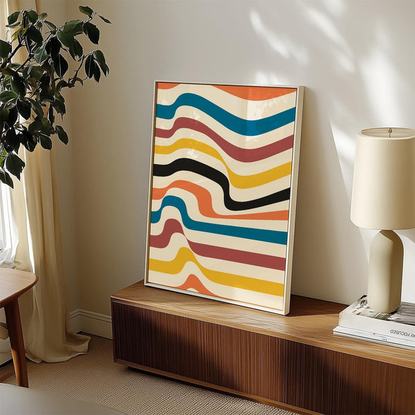 Abstract geometric art work for wall in rich tones of red, blue, and yellow