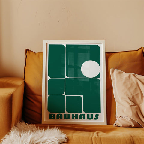 Green abstract Bauhaus art print for modern living room decor