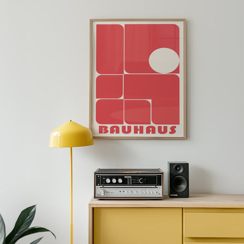 Minimalist Bauhaus abstract art print in bold red geometric design