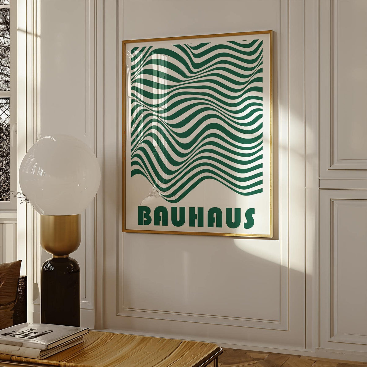 Graphic green and white wall art with sharp contrast and clean lines