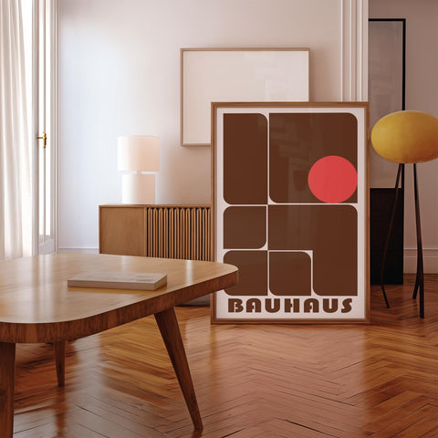 Funky brown Bauhaus wall art poster with geometric design