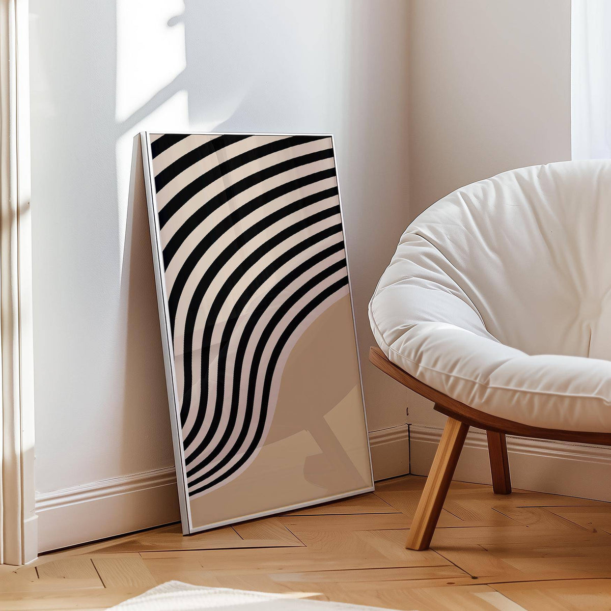 Wavy black line beige abstract art for Japandi-style bedrooms