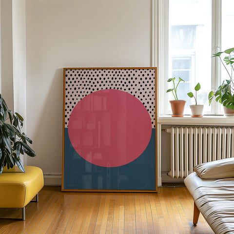 Minimalist geometric wall art featuring a sunset with polka dots