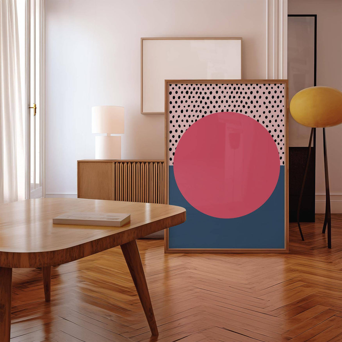 Framed modern abstract art geometric artwork with soft curves and bold hues