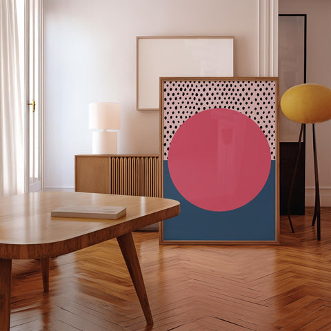 Abstract geometric wall art poster with polka dots and sunset design