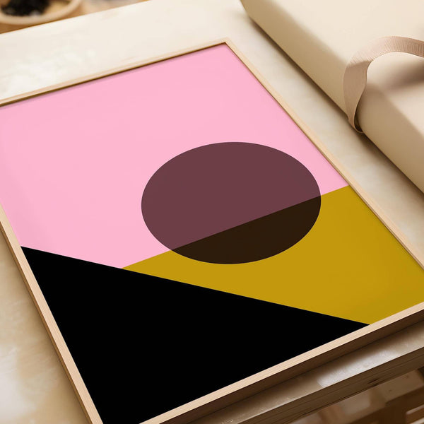 Bauhaus-inspired bright colored artwork in muted orange and charcoal tones