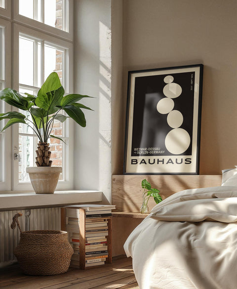 Minimalist Bauhaus wall art featuring balancing rocks.