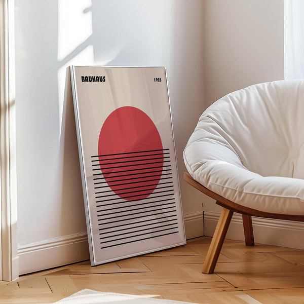 Minimalist decor featuring bold geometric art print in black and red