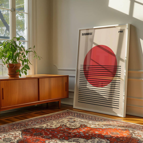 Framed geometric art print featuring red circle and calm lines