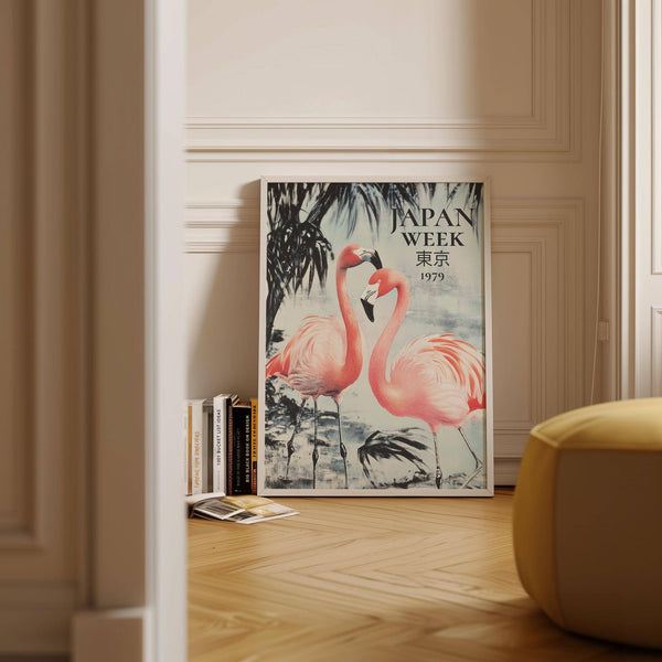 Peaceful home setting with vintage prints of flamingos poster