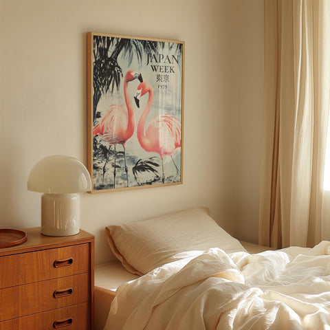 Traditional Japanese flamingo poster, ideal for bedroom and home office decor.