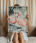 Large flamingo poster for living room decor, inspired by Japanese art.