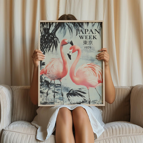 Large flamingo poster for living room decor, inspired by Japanese art.