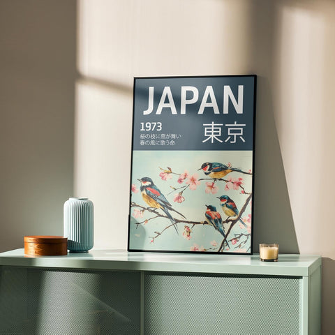 Traditional Japanese art poster with a teal-green background and birds.