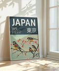 Vintage 1973 Japanese poster with birds and flowers in teal green.